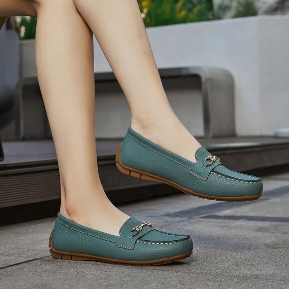 Kordal Women's Green Leather Gold Accent Buckle Slip-Ons Walking Flats Loafers - Picture 7 of 9